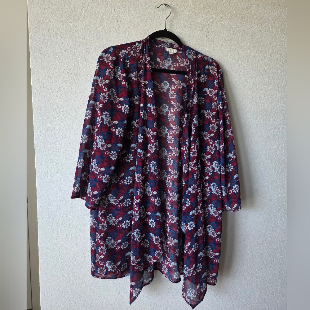 Charming Charlie Sheer Floral Kimono in Burgundy, Navy & White - Picture 6 of 8